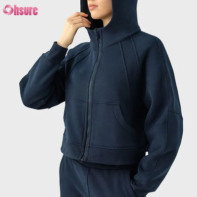Custom Logo Women's Vintage Full Zip Fleece Workout Jacket for Winter Running Yoga Gym Hoodie Thumb Holes Lining Knitted Fabric