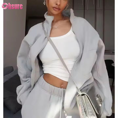 Custom Women's Sweat Suit Two Piece Zip up Hoodie and Jogger Set Causal Sportswear Fleece 2 Piece Set Women Oversized Hoodie