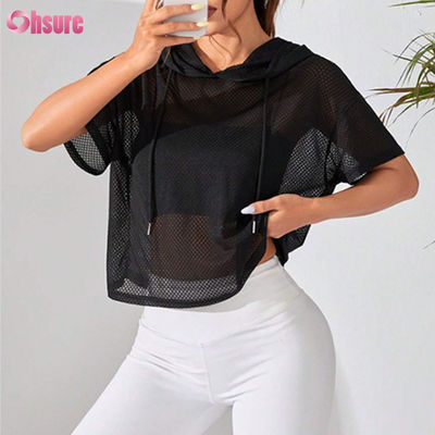 Workout Clothing Loose Perspective Hooded Sports Sweatshirt Drop Shoulder Short Sleeve for Women Yoga Basic Solid Color Casual