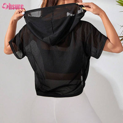 Workout Clothing Loose Perspective Hooded Sports Sweatshirt Drop Shoulder Short Sleeve for Women Yoga Basic Solid Color Casual