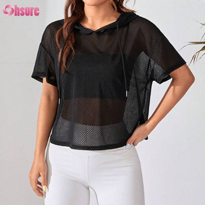 Workout Clothing Loose Perspective Hooded Sports Sweatshirt Drop Shoulder Short Sleeve for Women Yoga Basic Solid Color Casual
