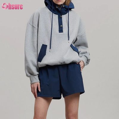 Fashion Design Comfortable Cotton Oversized Style Button Contrast Color Pocket Hoodie for Women