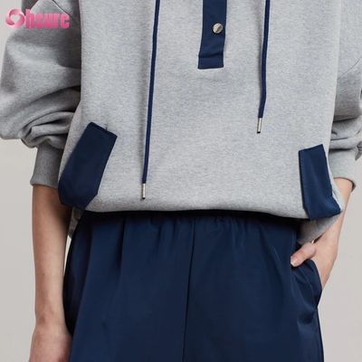 Fashion Design Comfortable Cotton Oversized Style Button Contrast Color Pocket Hoodie for Women