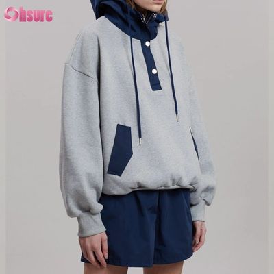 Fashion Design Comfortable Cotton Oversized Style Button Contrast Color Pocket Hoodie for Women