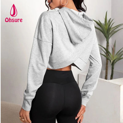 Ohsure Fitness Women Loose Casual Autumn Sweatsuit Yoga Basic Drop Shoulder Drawstring Crop Sports Hoodie