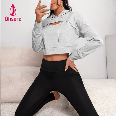 Ohsure Fitness Women Loose Casual Autumn Sweatsuit Yoga Basic Drop Shoulder Drawstring Crop Sports Hoodie