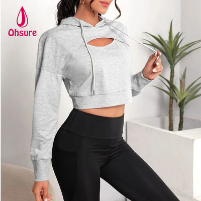 Ohsure Fitness Women Loose Casual Autumn Sweatsuit Yoga Basic Drop Shoulder Drawstring Crop Sports Hoodie