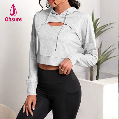 Ohsure Fitness Women Loose Casual Autumn Sweatsuit Yoga Basic Drop Shoulder Drawstring Crop Sports Hoodie