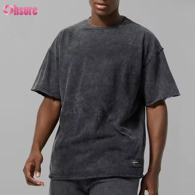 Custom logo Heavy Weight Black Man 100% Cotton Active Oversized Acid Wash Raw Hem Sports T-shirt Gym Tee Shirt Mens