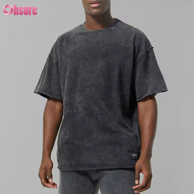 Custom logo Heavy Weight Black Man 100% Cotton Active Oversized Acid Wash Raw Hem Sports T-shirt Gym Tee Shirt Mens