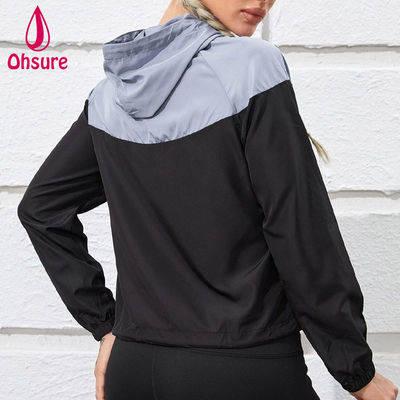 Custom LOGO 100% Polyester  Two Tone Half Zip Sports Hooded Sports Wear Top Women Fitness Gym Training Jacket