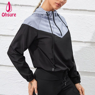 Custom LOGO 100% Polyester  Two Tone Half Zip Sports Hooded Sports Wear Top Women Fitness Gym Training Jacket