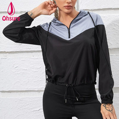 Custom LOGO 100% Polyester  Two Tone Half Zip Sports Hooded Sports Wear Top Women Fitness Gym Training Jacket