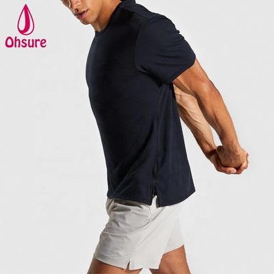 Regular Slim Fit Crew Neck Mens Gym Tshirt Muscle Wear Man Relaxed Sports Tee T Shirt With Side Splits Plain Casual Printed